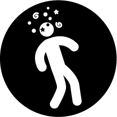 Icon of a figure leaning backwards with symbols swirling around it's head representing the concept of dizziness or fainting