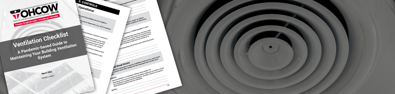 Background image of a ceiling ventilation fan overlayed with snapshots of the OHCOW Ventilation Checklist document
