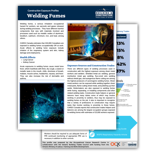 Thumbnail image of the Welding fumes handout from the Building & Construction Trades Council of Ontario
