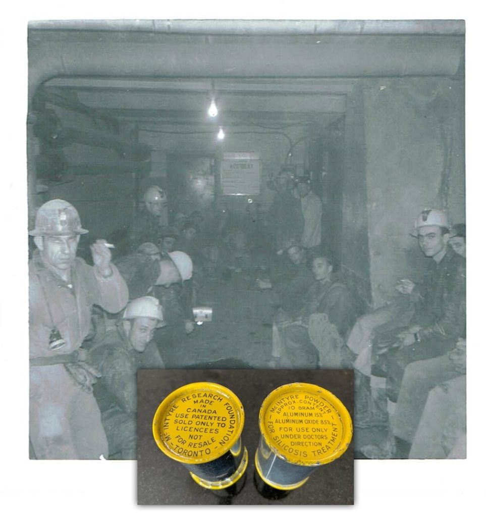 A photo of workers overlayed with a photo of two McIntyre Powder