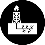 Icon of a tower with earth cracking below representing fracking or fracturing