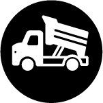 Icon of a dump truck with it's bed in the raised portion representing loading, hauling, dumping