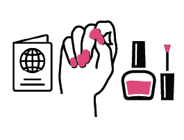 Icons of a hand with painted finger nails, a nail polish bottle and a passport representing temporary foreign workers employed in nail salons.