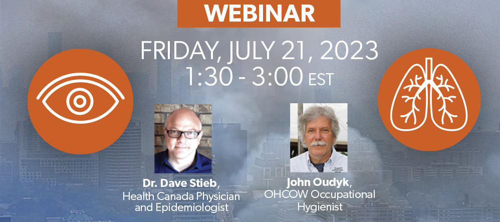 Pictures of Dr. Dave Stieb and John Oudyk along with an icon of an eye and lungs promoting an OHCOW webinar on the hazards of fine particulates (PM2.5)