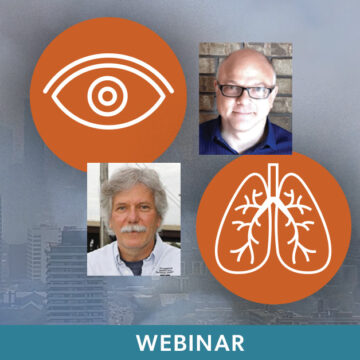 Pictures of Dr. Dave Stieb and John Oudyk along with an icon of an eye and lungs promoting an OHCOW webinar on the hazards of fine particulates (PM2.5)