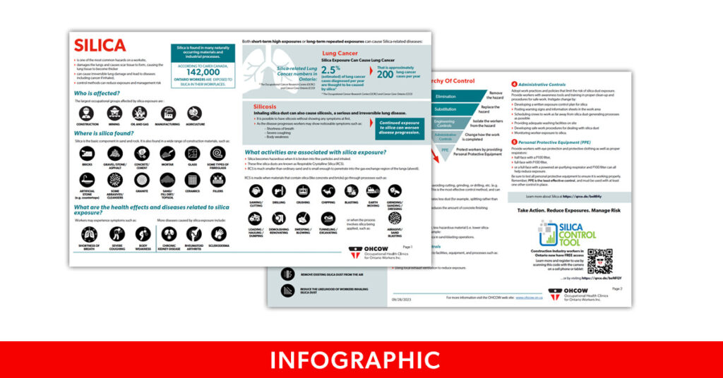 An OHCOW infographic on silica, one of the most common hazards on a worksite