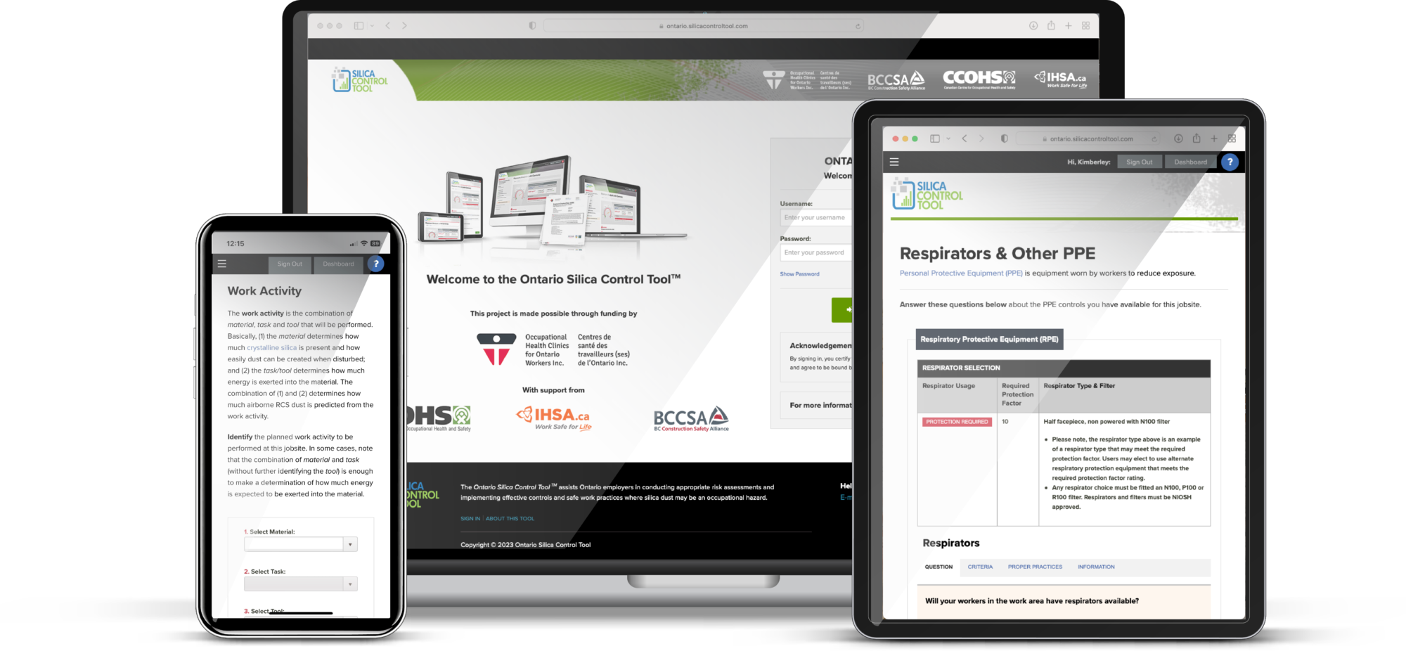 Sample screens from the Ontario Silica Control Tool