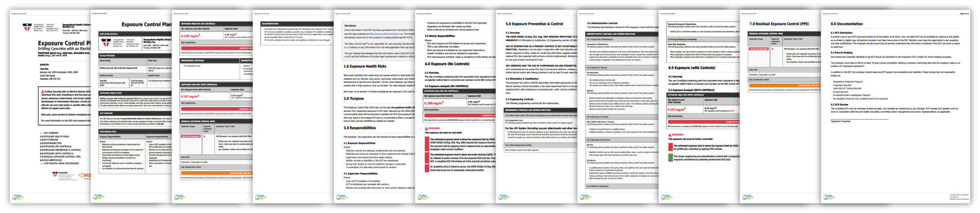 Thumbnails of a sample exposure control plan created using the Silica Control Tool.