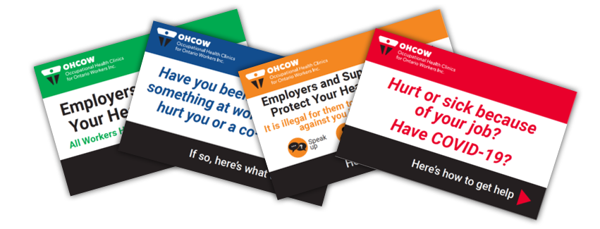 A collage of thumbnail images of the general workers rights and responsibilities wallet cards produced by OHCOW.