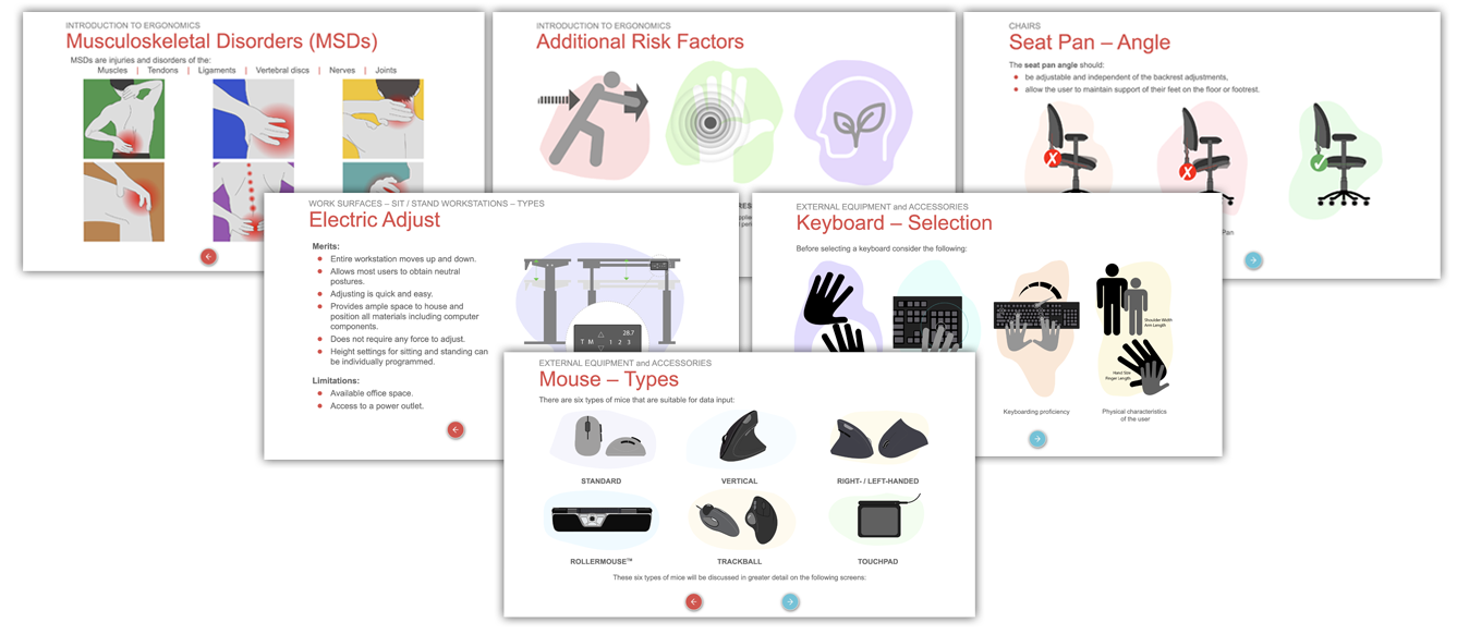 Thumbnail screens shots taken from OHCOW's new Office Ergonomics e-course