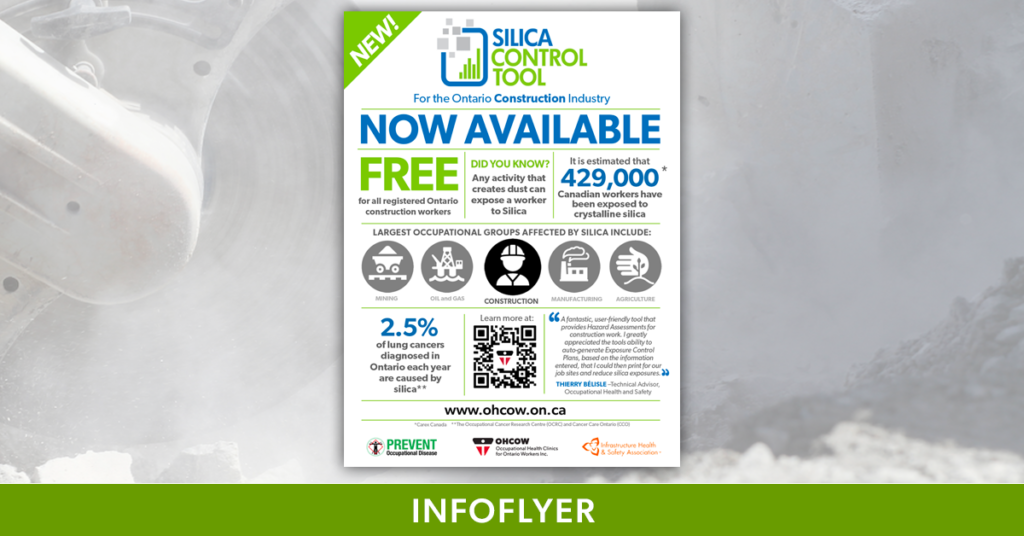 November 2023 • Get the facts on the dangers of silica in this colourful, educational poster from OHCOW.  Download and post it in your workplace to help build awareness of this dangerous substance.